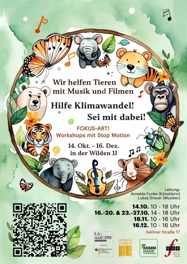 Plakat: Workshops für Kinder mit Musik und Filmen in Leipzig Grünau